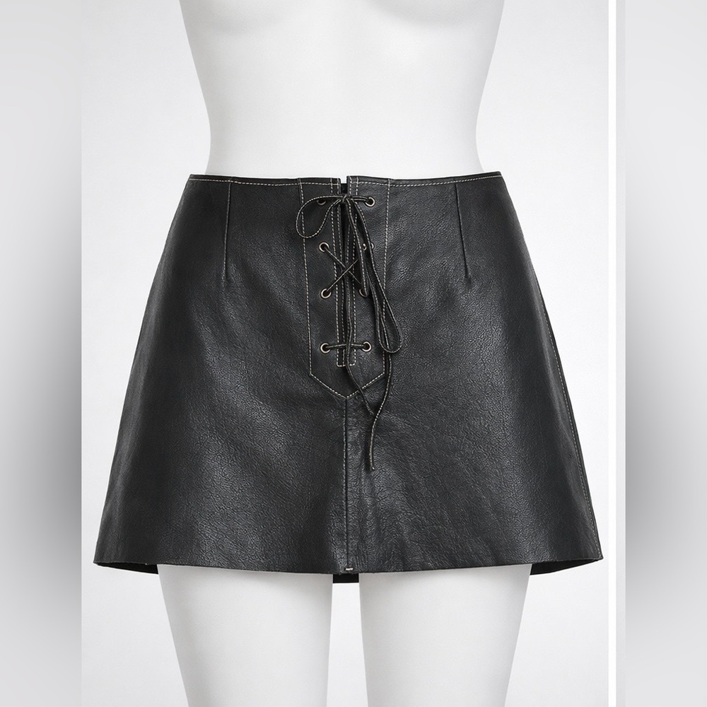 Free People Black Faux Leather Lace-Up Mini Skirt Size 8 NWT